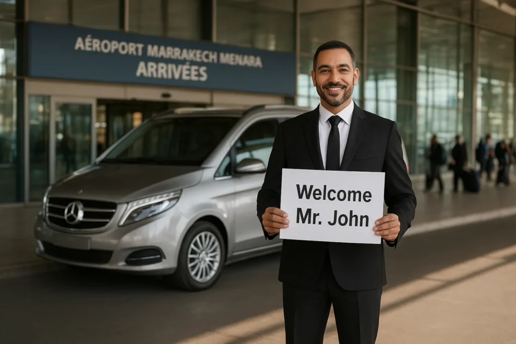 Professional Marrakech Airport Transfer chauffeur holding Welcome Mr John sign at Marrakech Menara Airport arrivals with luxury Mercedes V-Class van